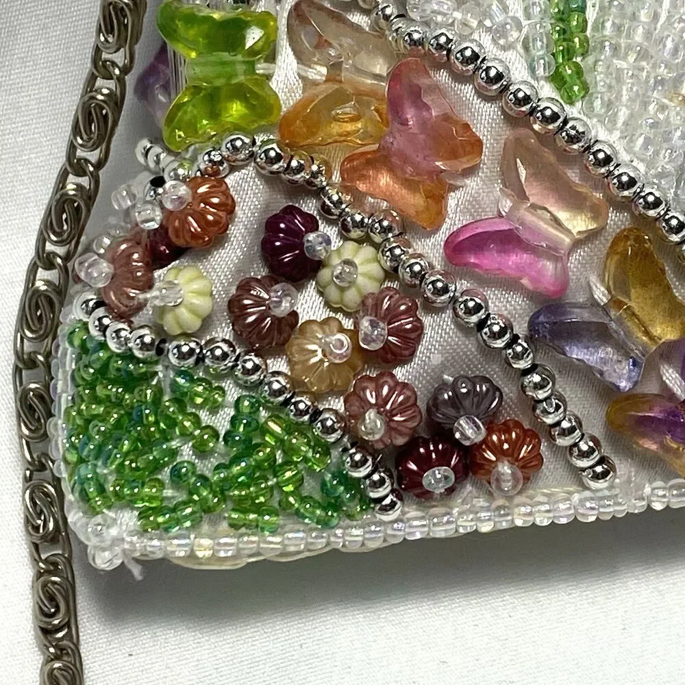 Cross Shoulder Bead Rhinestone Coin Purse Kiss-Lock Frame Vintage Butterflies